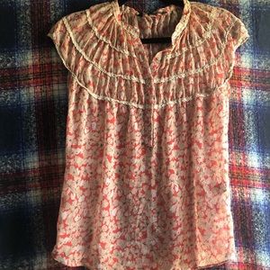 Sheer peasant top floral blouse-pink